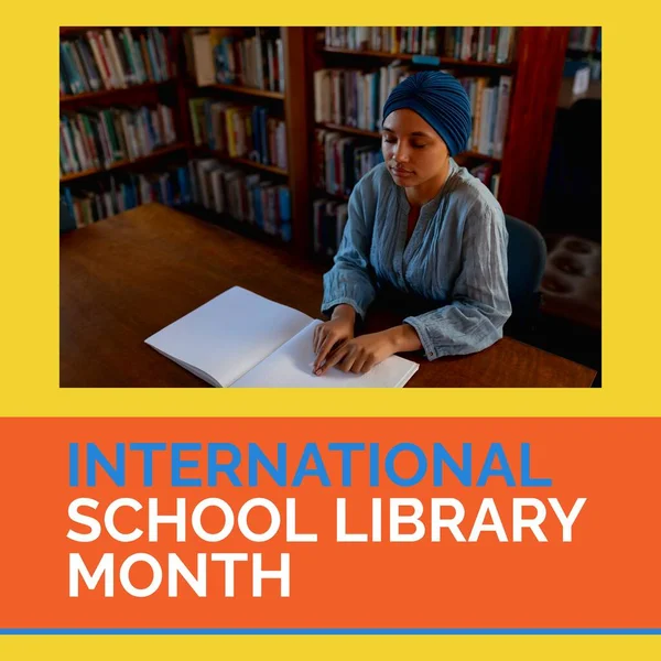 Composite of international school library month text and biracial woman in hijab reading braille. Blindness, disable, education, knowledge, student and celebration concept.