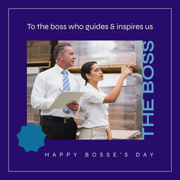 Composite of caucasian male boss with checklist listening to woman in warehouse and happy boss\'s day. To the boss who guides and inspires us, inventory, appreciation, hard work and celebrate.