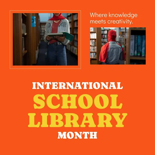 Biracial woman in hijab reading book in library and international school library month text. Composite, where knowledge meets creativity, education, student, library and celebration concept