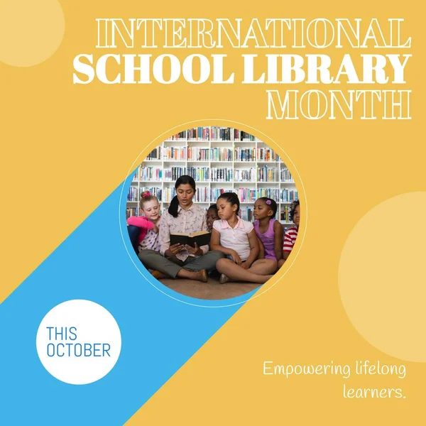 This october, international school library month text and diverse teacher reading book for children. Composite, empowering lifelong learners, childhood, education, student, knowledge and celebration.