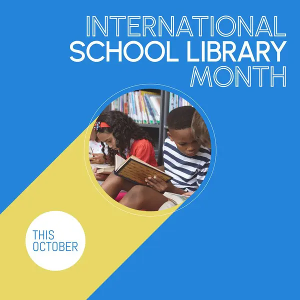 This october, international school library month text and diverse children reading book in library. Composite, school, library, childhood, education, student, knowledge and celebration concept.