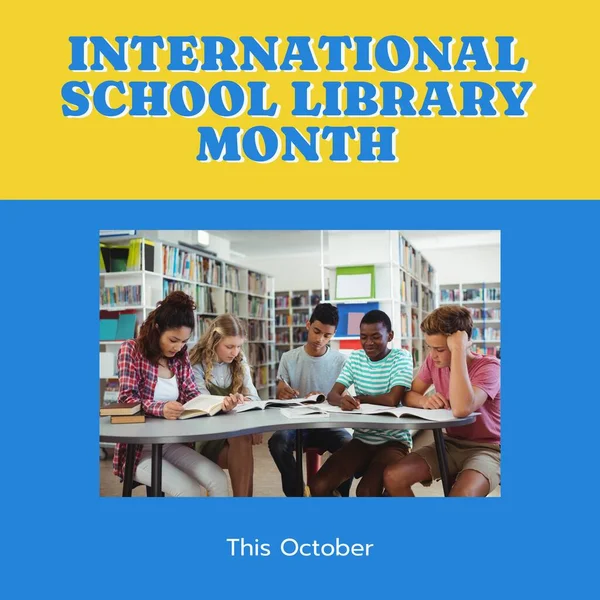 This october, international school library month text and multiracial students studying in library. Composite, school, student, childhood, education, knowledge and celebration concept.