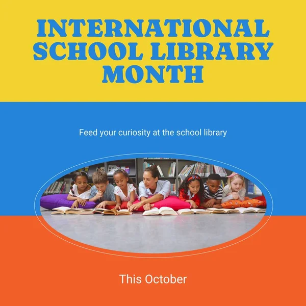 This october, international school library month text and diverse teacher and children reading book. Composite, feed your curiosity at the school library, childhood, education, lying, celebration.