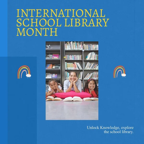 Composite of international school library month text and diverse teacher and girls reading books. Childhood, unlock knowledge, explore the school library, education, reading and celebration concept.