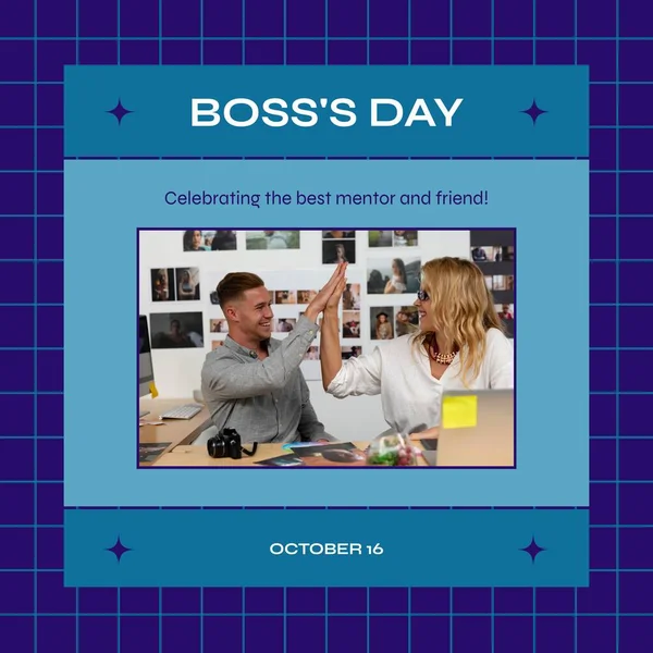 Composite of caucasian boss giving high five to coworker and boss\'s day text. Celebrating the best mentor and friend, october 16th, national boss day, appreciation, hard work and celebrate concept.