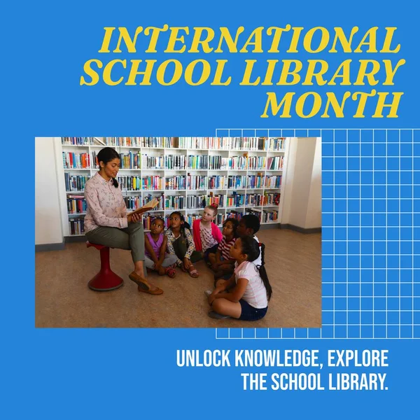 International school library month text and diverse teacher reading book for children in library. Composite, unlock knowledge, explore the school library, childhood, education, teaching, celebrate.