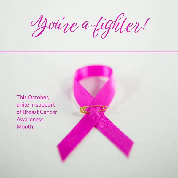 This october unite in support of breast cancer awareness month text, pink ribbon on white background. Composite, you\'re a fighter, pink october, medical, healthcare, support and prevention concept.