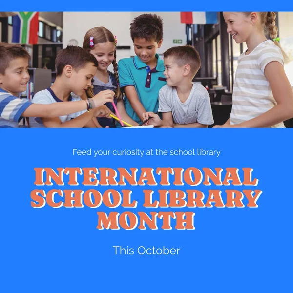 This october, international school library month text and diverse students in studying library. Composite, feed your curiosity at the school library, childhood, education, knowledge and celebration.