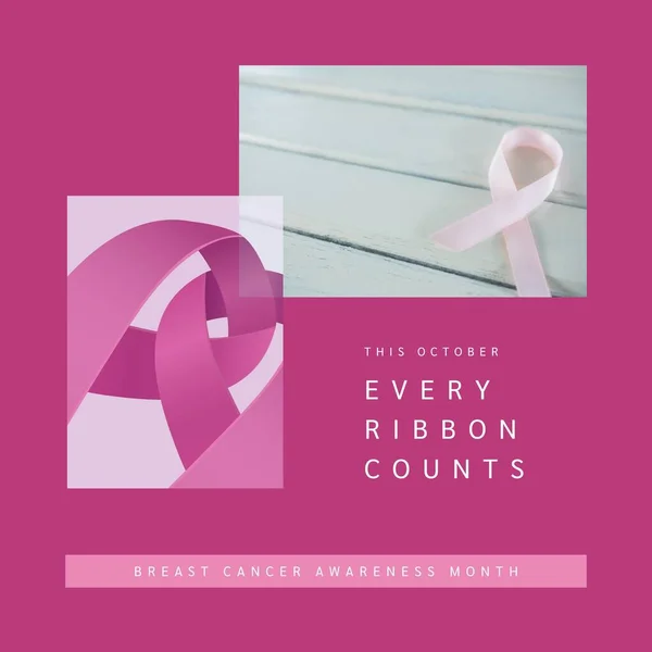 Collage of pink awareness ribbons and this october every ribbon counts text on pink background. Composite, breast cancer awareness month, pink october, medical, healthcare, support and prevention.