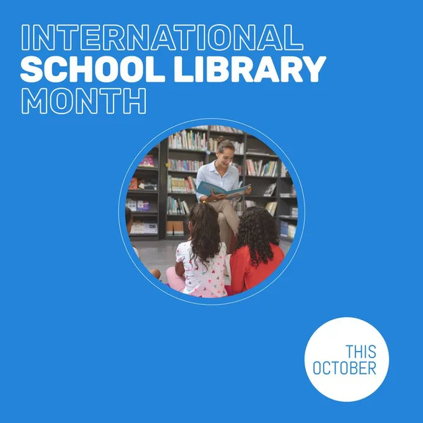 This october, international school library month text and diverse teacher reading book for children. Composite, student, childhood, school, library, education, knowledge, reading and celebration.