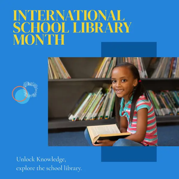 Composite of international school library month text and biracial girl smiling and reading book. Unlock knowledge, explore the school library, childhood, education, reading and celebration concept.