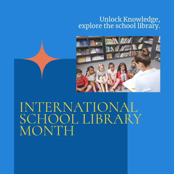 International school library month text and diverse teacher reading book for children in library. Composite, teaching, unlock knowledge, explore the school library, childhood, education, celebrate.