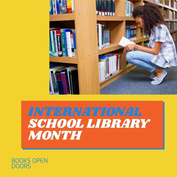 Composite of international school library month text and biracial woman reading book in library. Books open doors, education, knowledge, student and celebration concept.