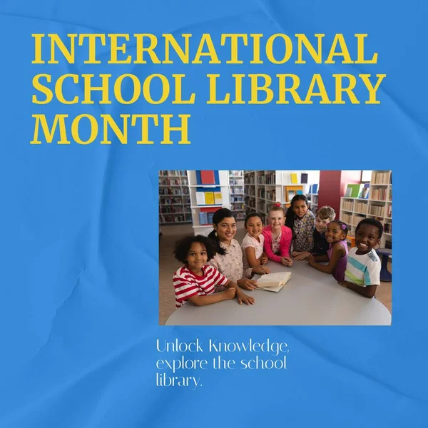Composite of international school library month and happy diverse teacher and students in library. Unlock knowledge, explore the school library, childhood, education, reading and celebration concept.