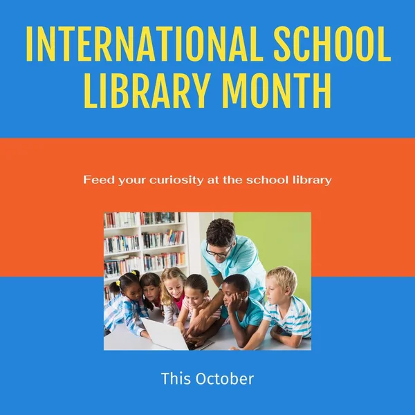 Denna Oktober Internationella Skolbiblioteket Månadstext Olika Lärare Som Visar Bärbar — Stockfoto