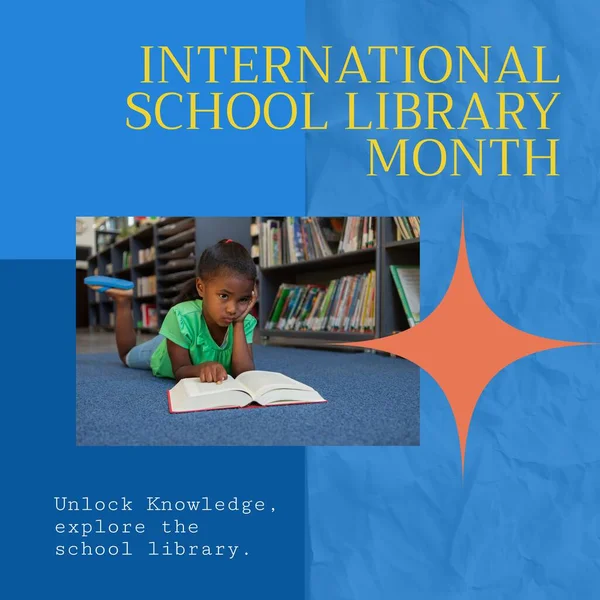 International school library month text and african american girl reading book and lying in library. Composite, unlock knowledge, explore the school library, childhood, education, celebration.