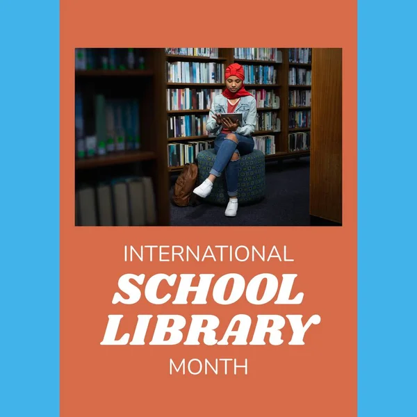 International school library month text and biracial woman in hijab reading book in library. Composite, education, knowledge, reading, library and celebration concept.