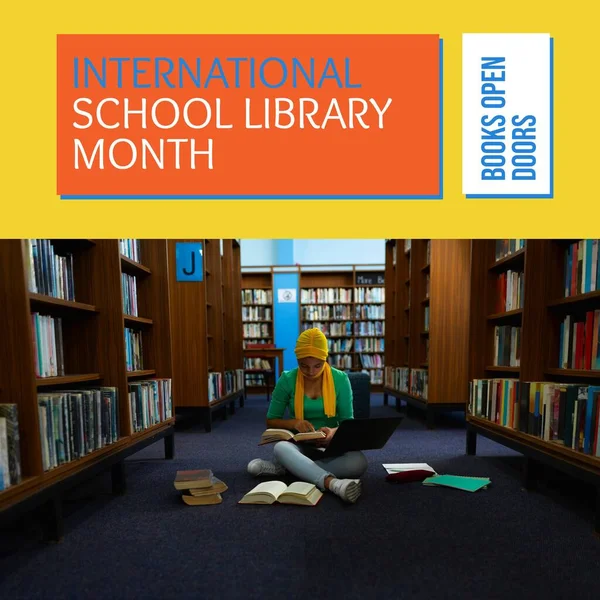 Composite of international school library month text and biracial woman in hijab with laptop reading. Book, e-learning, technology, books open doors, education, knowledge, student and celebration.