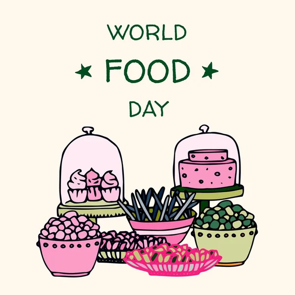 Illustration of world food day text and shar shapes with various candies, cake and cupcakes. Copy space, sweet food, hunger, food security, promote, awareness and celebrate concept.