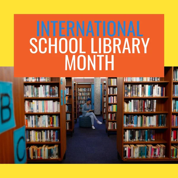 Composite of international school library month text and fullbody of biracial woman reading book. Hijab, copy space, education, knowledge, student and celebration concept.