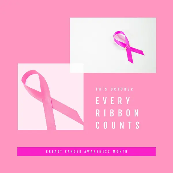 Collage of pink awareness ribbons and this october every ribbon counts text on pink background. Composite, breast cancer awareness month, pink october, medical, healthcare, support and prevention.