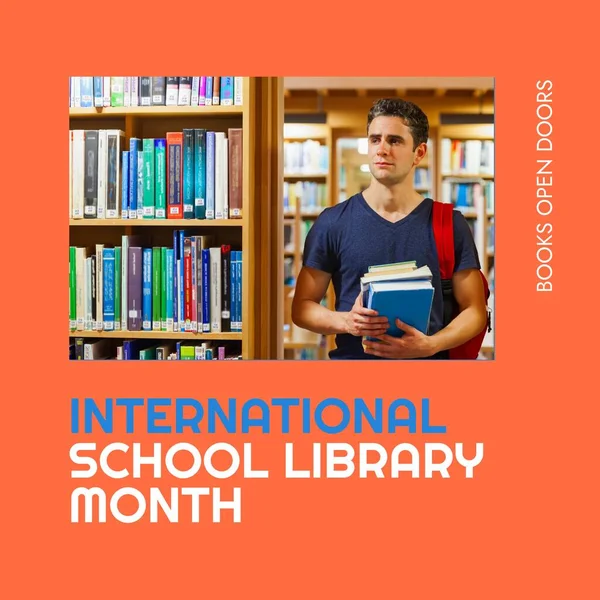 Composite of international school library month text and caucasian man with books standing by shelf. Books open doors, education, knowledge, student and celebration concept.
