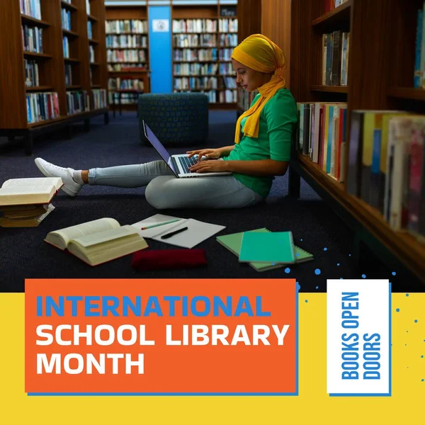 Composite of international school library month text and biracial woman in hijab using laptop. Bookshelf, e-learning, technology, books open doors, education, knowledge, student and celebration.