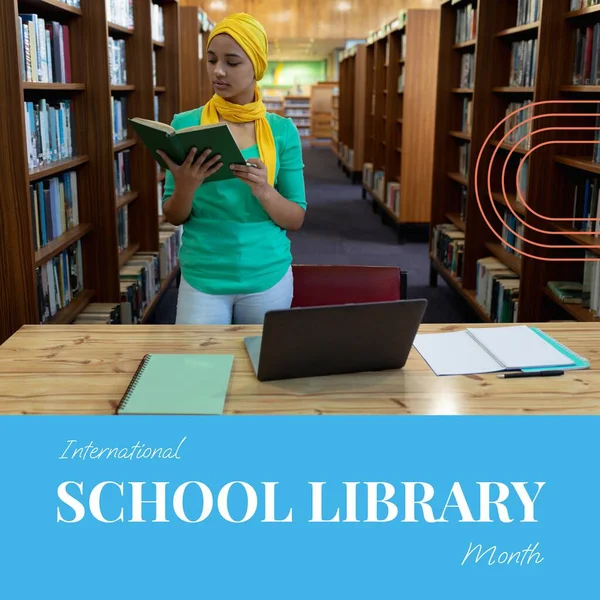 Composite of international school library month text and biracial woman in hijab studying in library. Education, college, student, knowledge, reading, library and celebration concept.