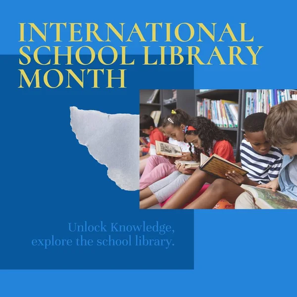 Composite of international school library month text and diverse children sitting and reading books. Unlock knowledge, explore the school library, childhood, education, reading and celebration.