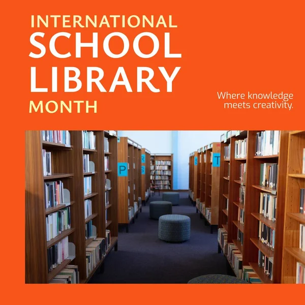 Composite of international school library month and various books arranged on shelves in library. Where knowledge meets creativity, education, reading, library and celebration concept.