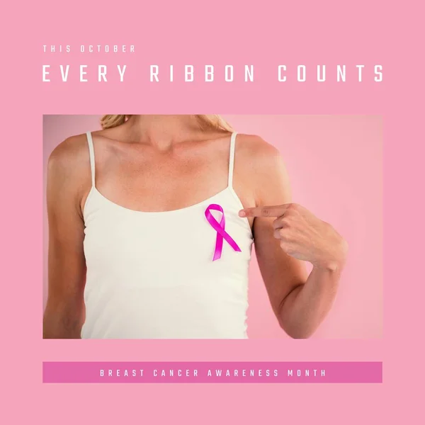 Composite of this october every ribbon counts text and caucasian woman pointing at pink ribbon. Copy space, breast cancer awareness month, pink october, medical, healthcare, support and prevention.