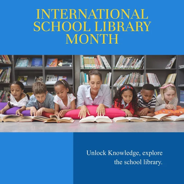 インターナショナルスクール図書館月刊テキストと子供が本を読む多様な教師の合成 知識のロックを解除し 学校図書館を探索し 子供時代 横たわり お祝い — ストック写真