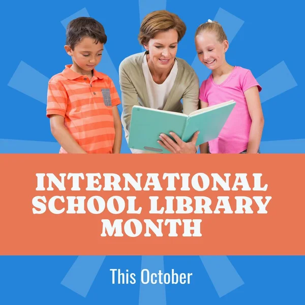 This october, international school library month text, caucasian mother reading book with children. Composite, family, school, student, childhood, education, knowledge and celebration concept.
