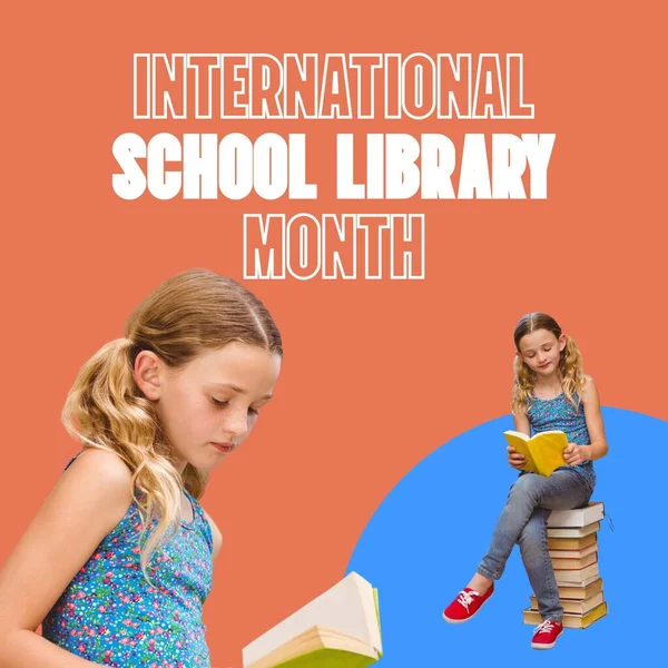 Composite of international school library month text and caucasian girl reading books, copy space. School, student, childhood, education, knowledge and celebration concept.