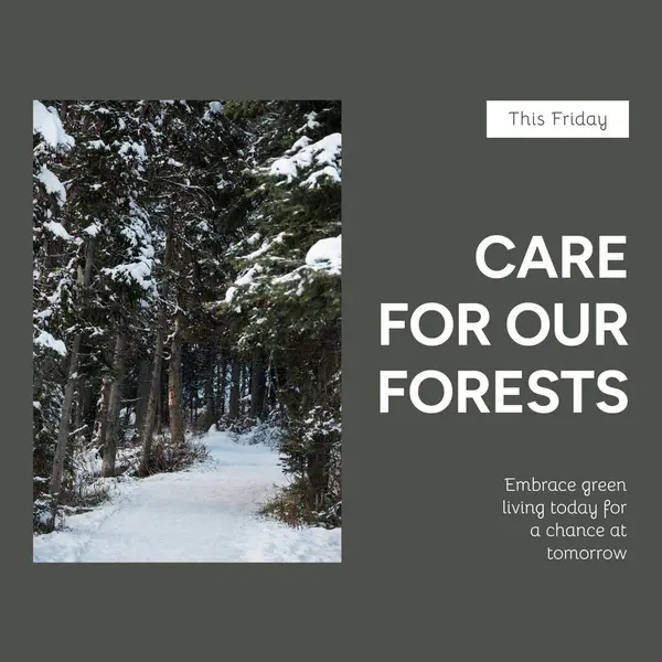 Composite of this friday, care for our forests text over snow covered trees in forest. Embrace green living today for a chance at tomorrow, nature, awareness, protection, environmental conservation.