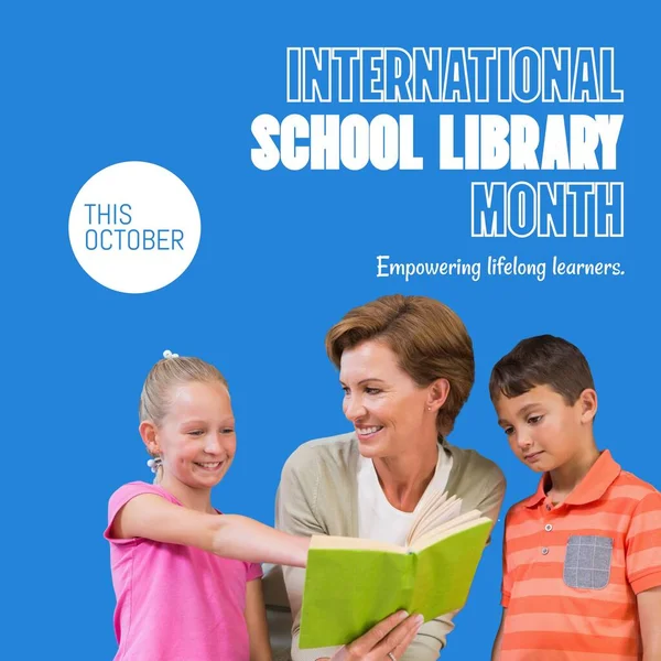 This october, international school library month text, caucasian mother with children reading book. Composite, empowering lifelong learners, family, childhood, education, knowledge and celebration.