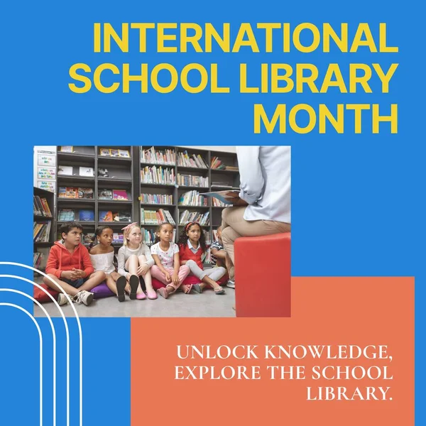 International school library month text and multiracial children listening to teacher in library. Composite, teaching, school, student, education, knowledge, reading and celebration concept.