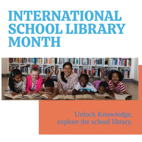 International school library month text and happy diverse teacher with children reading books. Composite, unlock knowledge, explore the school library, childhood, education, lying down, celebration.