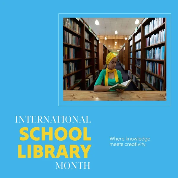 Composite of international school library month text and biracial woman in hijab reading book. Where knowledge meets creativity, education, knowledge, reading, library and celebration concept.
