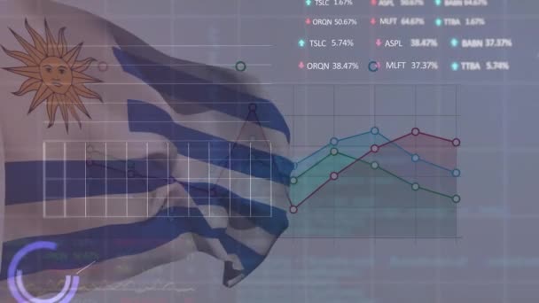Анимация Нескольких Графиков Торговых Досок Над Размахивающим Флагом Аргентины Против — стоковое видео
