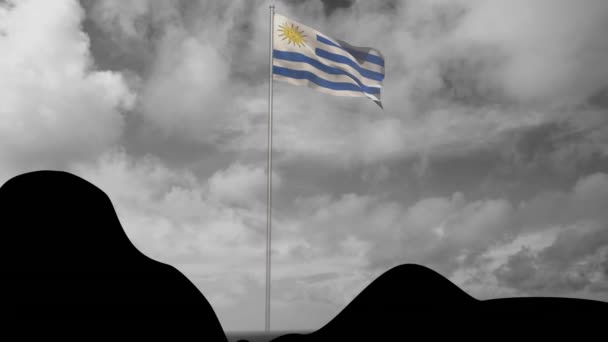 在云天的映衬下 在杆子上挥动着乌鲁圭旗的山的动漫 数码合成 多重曝光 政府和爱国主义概念 — 图库视频影像