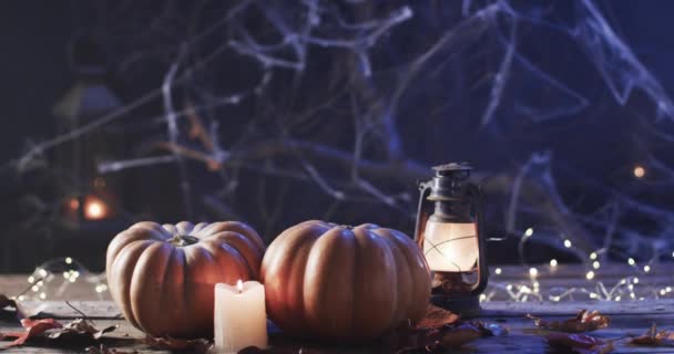 Video Halloween Dýně Svíčky Kopírovacím Prostorem Dřevěném Pozadí Halloween Tradice — Stock video