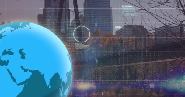 Animation Von Ikonen Rotierendem Globus Grafiken Und Computersprache Über Modernen — Stockvideo