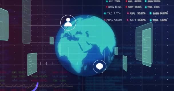 Animation Von Grafiken Trading Boards Und Computersprache Über Rotierendem Globus — Stockvideo
