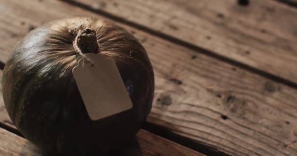 Video Von Halloween Kürbis Mit Anhänger Und Kopierraum Auf Holzgrund — Stockvideo