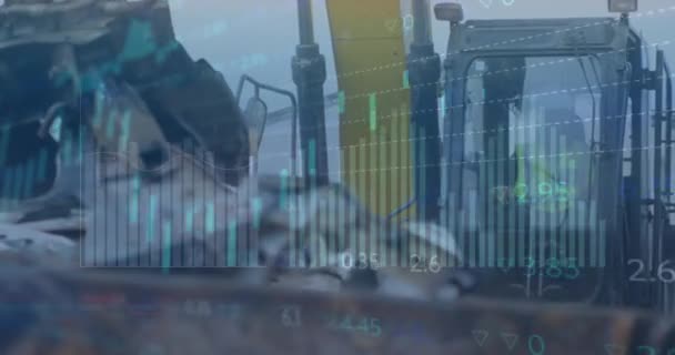 Animation Multiple Graphs Trading Board Crane Grabbing Metal Scrap Junkyard — Stock Video