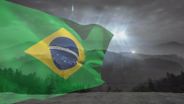 Animace Vlající Brazilské Vlajky Nad Malebným Výhledem Stromy Hory Proti — Stock video