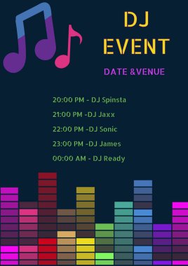DJ etkinliği, tarih ve mekan, zamanlamalar ve DJ isimleri içeren notaların tasviri, kopyalama alanı. Poster, şablon, olay, program, zamanlama, keyif ve tasarım kavramı.