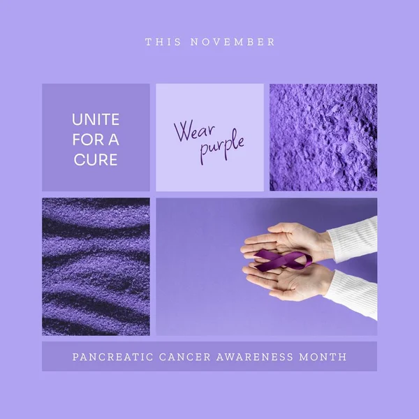Caucasian hands with purple awareness ribbon, pancreatic cancer awareness month, purple powder. Composite, wear purple, unite for a cure, this november, medical, healthcare, support, alertness.