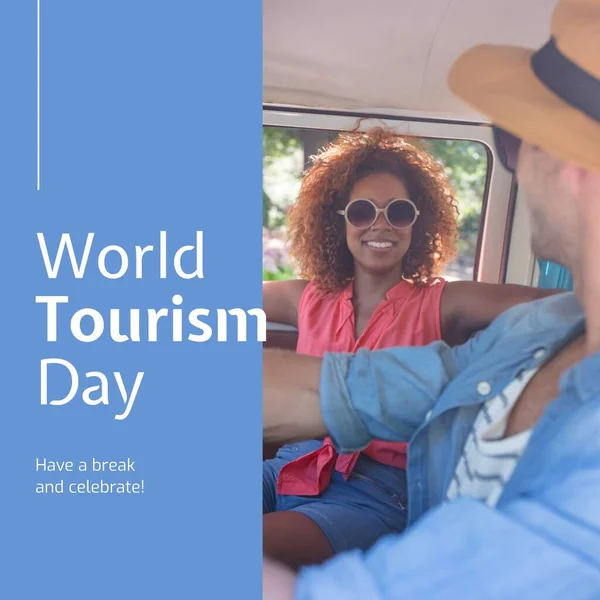 Composite of have a break and celebrate world tourism day text over diverse couple in camper van. World tourism day, travel and vacation concept digitally generated image.
